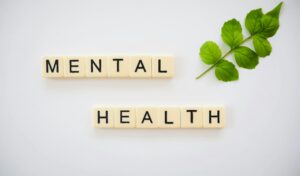 Scrabble tiles spelling 'Mental Health' with green leaves on a white background.